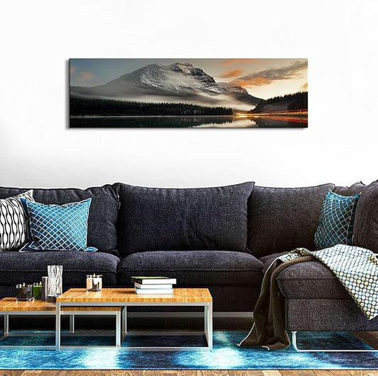 Sunset Mountain Landscape Canvas Wall Art for Living Room Wall Decor 14x48" Black and White Nature Forest River Scenery Picture Prints Paintings Artwork for Bedroom Bathroom Office Home Decoration