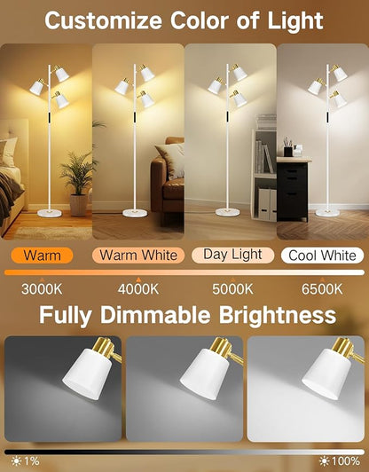 OUTON Tree Floor Lamp, LED Dimmable Floor Lamp with Remote and Touch Slide Control, 4 Color Temperatures, 3 Rotatable Lights, Modern Standing Lamp for Living Room Bedroom Office, Bulbs Included,White