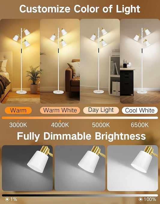 OUTON Tree Floor Lamp, LED Dimmable Floor Lamp with Remote and Touch Slide Control, 4 Color Temperatures, 3 Rotatable Lights, Modern Standing Lamp for Living Room Bedroom Office, Bulbs Included,White