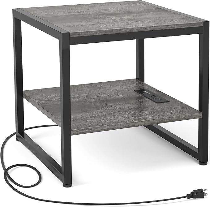 Homieasy End Table with Charging Station, 20" Mini Fridge Stand with Power Outlets, Heavy Duty Side Table for Living Room, Small Table Stand & Fridge Table, Black Oak