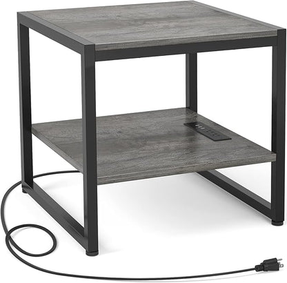 Homieasy End Table with Charging Station, 20" Mini Fridge Stand with Power Outlets, Heavy Duty Side Table for Living Room, Small Table Stand & Fridge Table, Black Oak
