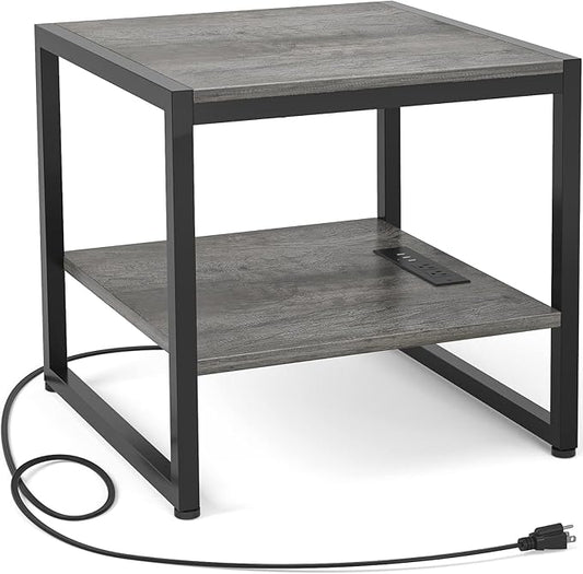 Homieasy End Table with Charging Station, 20" Mini Fridge Stand with Power Outlets, Heavy Duty Side Table for Living Room, Small Table Stand & Fridge Table, Black Oak