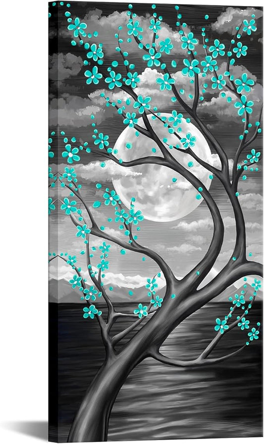 KREATIVE ARTS Teal Flower Tree Wall Art for Bedroom Cherry Blossom Tree in Full Moon Night Landscape Canvas Prints Artwork for Home Wall Decoration Ready to Hang Vertical 20x40inch (Green)