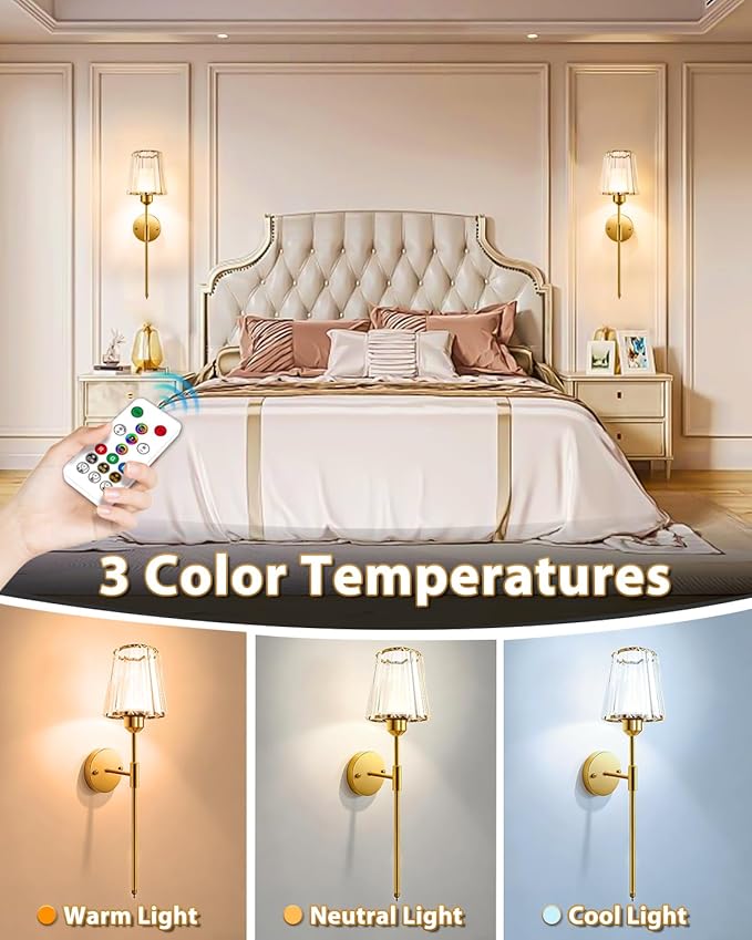 Adetu Crystal Battery Operated Wall Sconce Set of 2, Gold Rechargeable Wall Sconce with 10000mAh Magnetic Bulbs and Remote Control, RGB Dimmable Wireless Battery Wall Lights for Bedroom Living Room