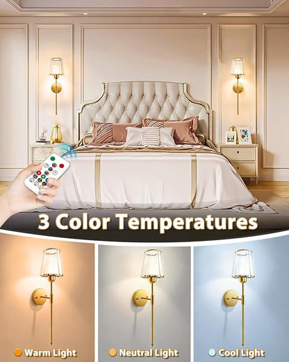 Adetu Crystal Battery Operated Wall Sconce Set of 2, Gold Rechargeable Wall Sconce with 10000mAh Magnetic Bulbs and Remote Control, RGB Dimmable Wireless Battery Wall Lights for Bedroom Living Room
