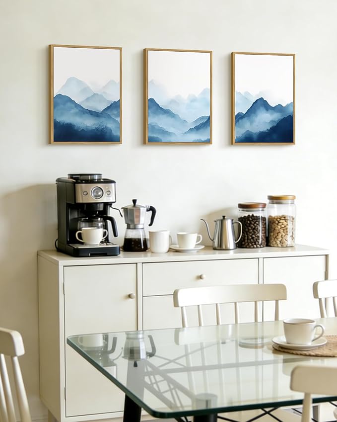 Drsoum Blue Fog Mountains Landscape Wall Art Framed Vintage Nature Misty Nordic Prints Ink Wash Watercolor Boho Farmhouse Rustic Artwork Hallway Bedroom Ready to Hang 11x14in Natural Framed