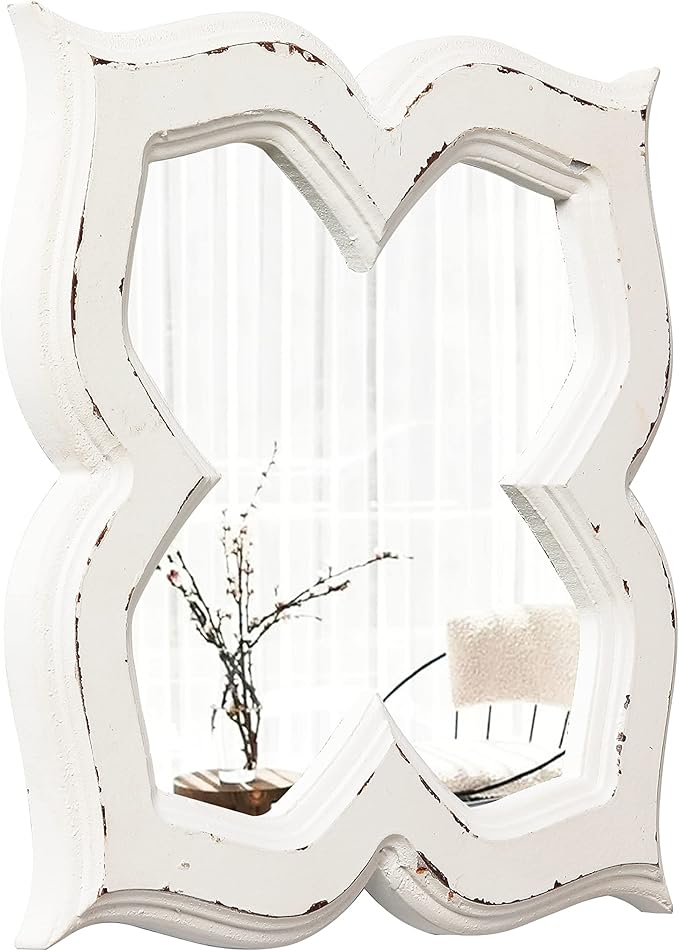 Hanging Antique Small Wall Mirrors Decorative 9.6 inch, Distressed White Sculpted Wood Mirror Farmhouse Home Decor, Shabby Chic Lucky Four-Leaf Clover Mirror Wall Decor for Living Room