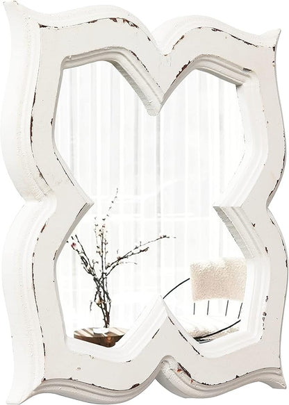 Hanging Antique Small Wall Mirrors Decorative 9.6 inch, Distressed White Sculpted Wood Mirror Farmhouse Home Decor, Shabby Chic Lucky Four-Leaf Clover Mirror Wall Decor for Living Room