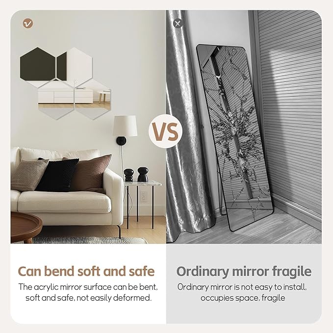 Hexagon Mirror Stickers for Walls 4 Packs 7.8''x7.8'' Self Adhesive Flexible Acrylic Wall Tile Decorative Peel and Stick Mirror Tiles Sheets Small 2mm Unbreakable Thick Stick on Mirrors for Door