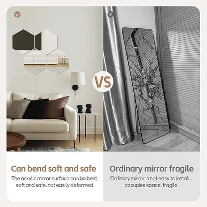 Hexagon Mirror Stickers for Walls 4 Packs 7.8''x7.8'' Self Adhesive Flexible Acrylic Wall Tile Decorative Peel and Stick Mirror Tiles Sheets Small 2mm Unbreakable Thick Stick on Mirrors for Door