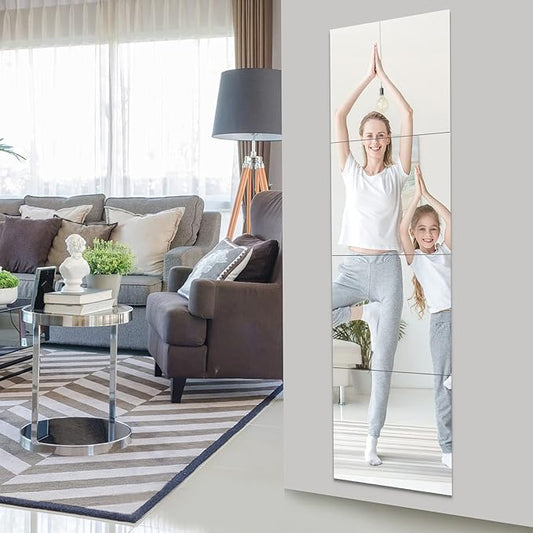 EVENLIVE Full Length Mirror Tiles, 14 Inch x 4 Pieces, Frameless Wall Mirror, Self Adhesive Body Mirror for Gym, Door, Bedroom