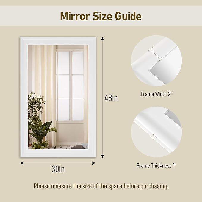 CULER White Wood Wall Mirror for Bathroom,Rectangle Rustic Large 30 x 48 inch Hanging Vanity Mirrors with Wooden Frame for Living Room,Bedroom,Entryway