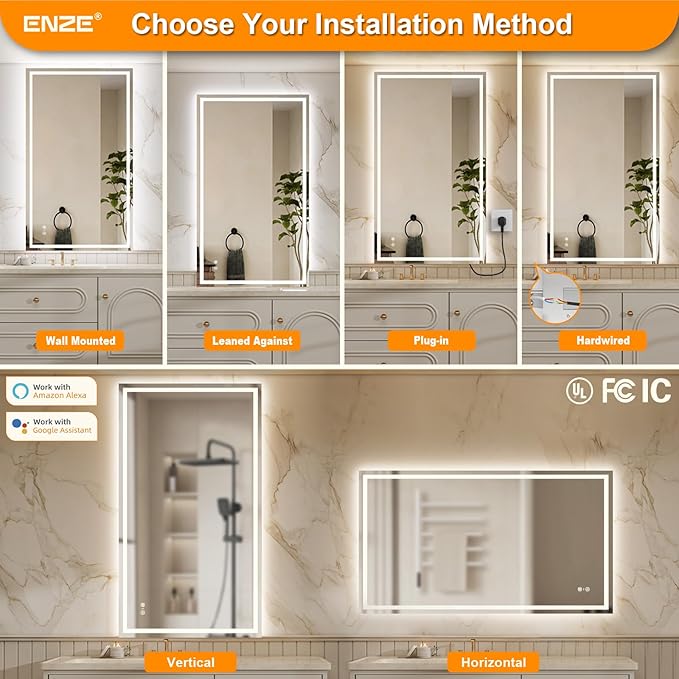 ENZE 28"x 48" Smart Lighted Bathroom Mirror for Wall, WiFi App & Voice Control (Alexa/Google), Anti-Fog, 3-Color Dimmable, Built-in Clock, Plug-in/Hardwired Vanity Mirror