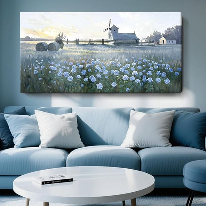 amatop Oversize Pastoral-Style Living Room Wall Art, Blue Farm Windmill Canvas Print Picture, Natural Plant And Flower Field Artwork For Bedrooms, Studies, Offices, And Dining Rooms. 58X29 Inches.