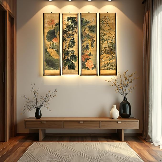 CIFIBIFUN Wall Asia Art Prints Posters Painting Plant Flower Vintage Style,4 Panels Old Paper Scroll, Home Walls Decor (Super Old Aging Paper, B Plants Birds)