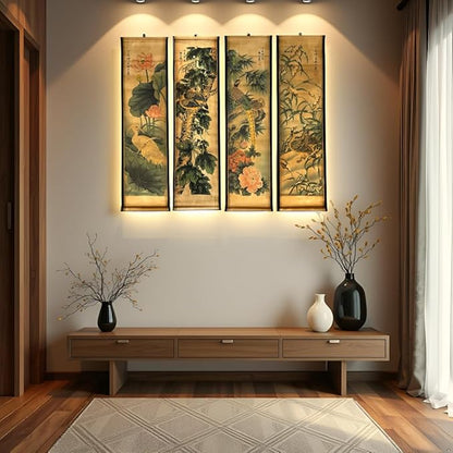 CIFIBIFUN Wall Asia Art Prints Posters Painting Plant Flower Vintage Style,4 Panels Old Paper Scroll, Home Walls Decor (Super Old Aging Paper, B Plants Birds)