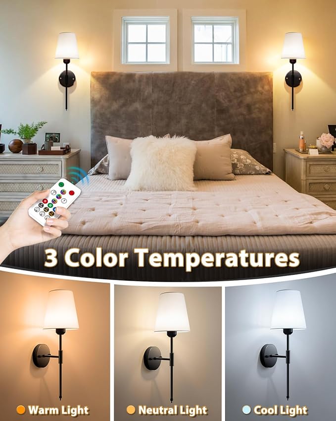 Adetu Battery Operated Wall Sconce Set of 2, Gold Wireless Battery Wall Lights with 10000mAh RGB Dimmable Magnetic Bulbs and Remote Control, Rechargeable Wall Sconce for Bedroom Living Room Hallway
