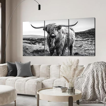 Yatsen Bridge Black and White Scottish Cow Canvas Wall Art Rustic Art Highland Cow Poster Wall Decor Vintage Farm Animal Artwork for Country Apartment Living Room Bedroom Decoration 24x36inchx3pcs