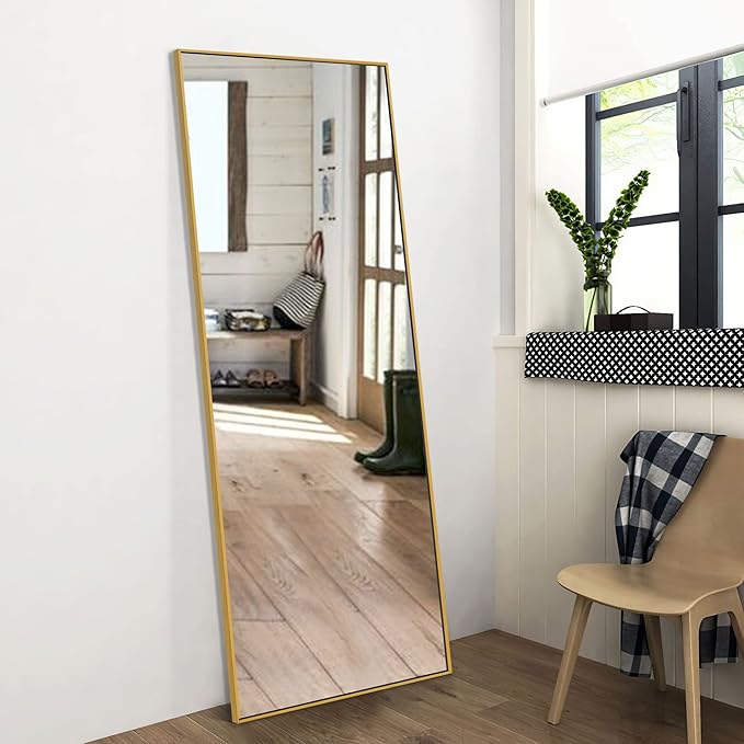 NeuType Full Length Mirror, 64"x21" Body Mirror with Stand Floor Standing Wall-Mounted Hanging or Leaning Against Wall Aluminum Alloy Thin Frame (Gold)