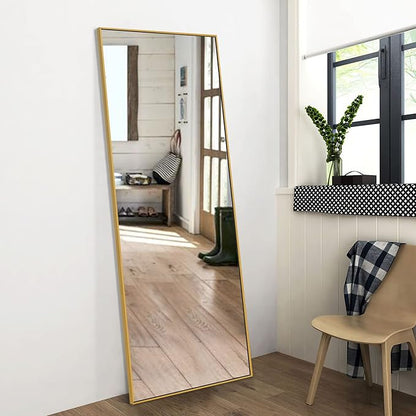 NeuType Full Length Mirror, 64"x21" Body Mirror with Stand Floor Standing Wall-Mounted Hanging or Leaning Against Wall Aluminum Alloy Thin Frame (Gold)