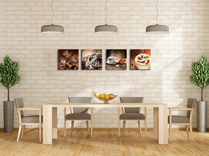 Wieco Art 4 Panels Coffee Bean Kitchen Canvas Wall Art Coffee Cup Canvas Prints Wall Decor Dining Room Canvas Art Contemporary Pictures for Kitchen Bar Decoration