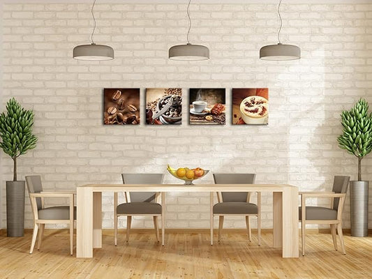 Wieco Art 4 Panels Coffee Bean Kitchen Canvas Wall Art Coffee Cup Canvas Prints Wall Decor Dining Room Canvas Art Contemporary Pictures for Kitchen Bar Decoration