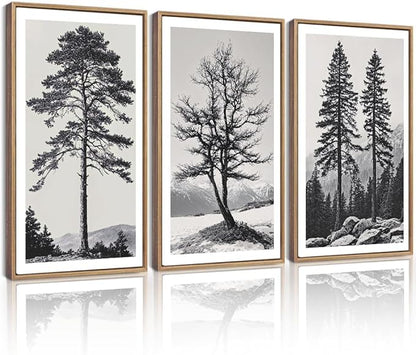 Drsoum Vintage Black Gray Tree Wall Art Framed Antique Retro Forest Prints Modern Rustic Artwork Bedroom Farmhouse Ready to Hang 16x24in Natural Framed