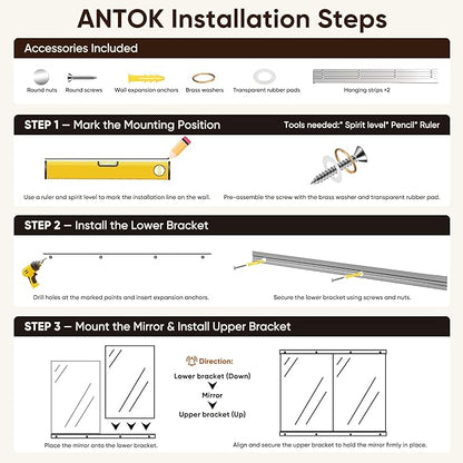 Antok Home Gym Mirror 48"x24" 2PCS, Large Full Length Wall Mounted Mirrors, Frameless Tempered Glass Full Body Mirror for Gym Yoga Dance Studio Garage Bedroom & Bathroom
