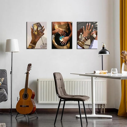 Black Girl Wall Art Set of 3, Gold African American Woman Wall Decor Painting Black People Canvas Poster Prints Pictures Aesthetics for Living Room Bedroom Dorm Framed 16x24 inch
