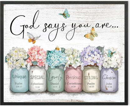 Inspirational Bible Verse Wall Art: God Says You Are Wall Decor Framed Christian Painting 24" x 30",Hydrangea Flower in Mason Jar Prints Hanging Posters Religious Bedroom Decor for Women Girls