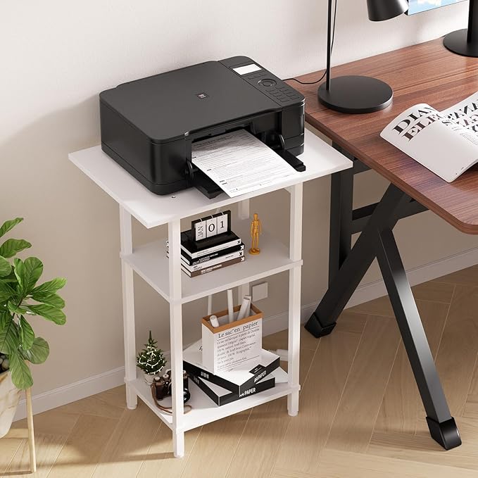 Asgolion Tall Side Table with Charging Station, Skinny End Table Nightstand with USB Ports and Outlets, 3 Tier Narrow Side Table with Storage for Bedroom, Living Room, Office, Nursery, White