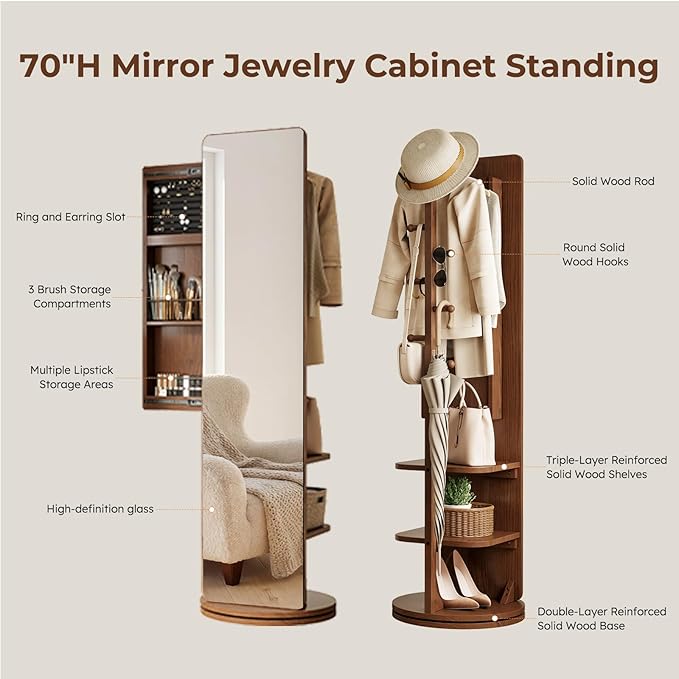 69" H×20" W Solid Wood Mirror Jewelry Cabinet,360°Swivel Jewelry Organizer,Jewelry Armoire Cabinet Standing,Full Length Mirror with Storage&Coat Rack,Walnut