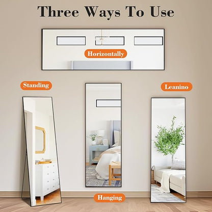 Sweetcrispy 56"x15" Full Length Mirror, Full Body Mirror with Aluminum Alloy Thin Frame, Leaning or Standing, Suitable for Bedroom, Livingroom, Cloakroom, Black