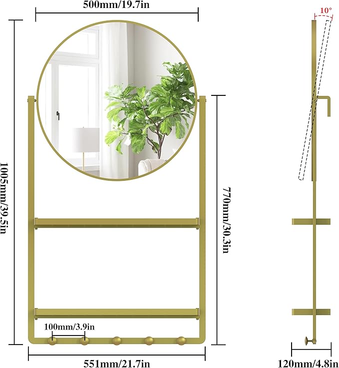 39.5" × 21.7" Gold Round Wall Mirror with Shelf and Hooks, 10° Adjustable Tilt Metal Frame Bathroom Mirror with Shelf for Bedroom, Entryway, Living Room