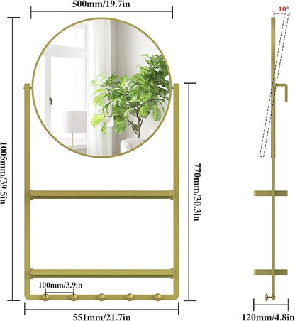 39.5" × 21.7" Gold Round Wall Mirror with Shelf and Hooks, 10° Adjustable Tilt Metal Frame Bathroom Mirror with Shelf for Bedroom, Entryway, Living Room
