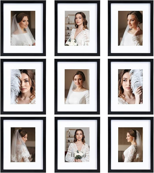 8x10 Picture Frame Set of 9, Display Pictures 5x7 with Mat or 8x10 without Mat, Multi Collage Gallery Square Photo Frames for Wall or Tabletop, Black