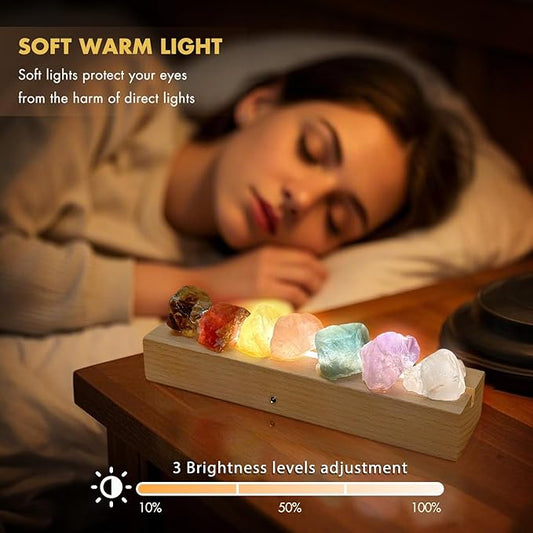Healing Crystal Night Light, 7 Chakra Natural Bedside Lamp with Wooden LED Light Base, Healing Stones Positive Energy Night Lights for Home Decor Gifts (Rechargeable)