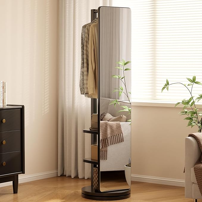 WoodsWhisper Full Length Mirror Coat Rack Solid Wood Floor Mirror 70"x16" Full Length Mirror with Stand Long Mirrors for Bedroom,Living Room (Black, 70" L x 16" W)