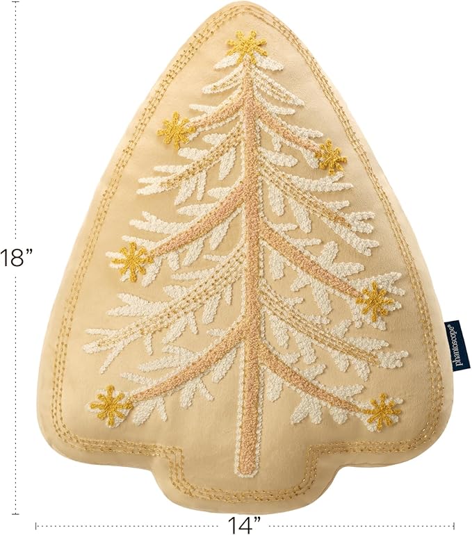 Phantoscope Merry Christmas Tree Decorative Throw Pillow, Velvet Beads Embroidery 3D Shaped Cushion, Suitable for Sofas, Living Rooms, and Beds, Beige, 18 x 14 in