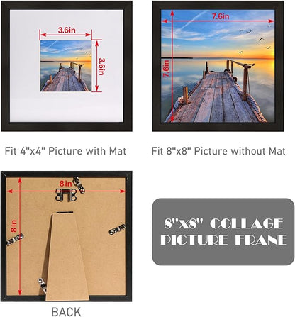 Hongkee 8x8 Picture Frames with Real Glass, Black Wooden Square Photo frame Set of 3, Displays 4x4 Picture With Mat or 8x8 Without Mat, Desktop & Wall Collage Frame set
