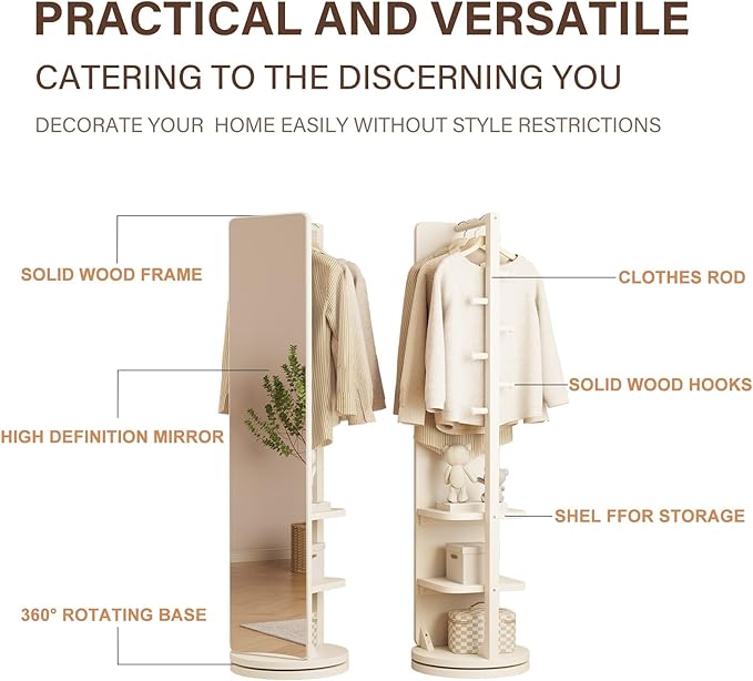 WoodsWhisper Full Length Mirror Coat Rack Solid Wood Floor Mirror 66"x12" Full Length Mirror with Stand Long Mirrors for Bedroom,Living Room (White, 66" Lx12 W)