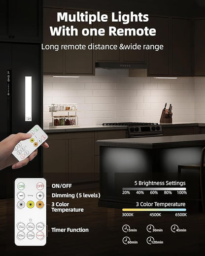 6Pack 12inch Under Cabinet Lighting, Rechargeable Motion Sensor Light Wireless Indoor, Dimmable 3 Color Temps Closet Lights with Remote, Indoor Under Counter LED Lights for Kitchen, Stairs