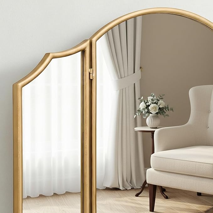 Besdomus Gold Scalloped Vanity Mirror: 36"x24" Large Modern Three Sided Dresser Miror - Minimalist Wood Frame 3 Way Trifold for Bedroom/Cloakroom/Dressing Room - Home Decor for Housewife