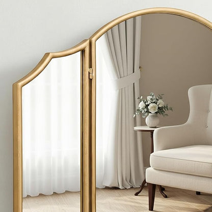 Besdomus Gold Scalloped Vanity Mirror: 36"x24" Large Modern Three Sided Dresser Miror - Minimalist Wood Frame 3 Way Trifold for Bedroom/Cloakroom/Dressing Room - Home Decor for Housewife