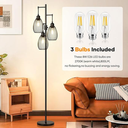 Dimmable Floor Lamp, 3 x 800LM LED Edison Bulbs Included, Farmhouse Industrial Floor Lamp Standing Tree Lamp with Elegant Teardrop Cage Tall Lamps for Living Room Bedroom Office Dining Room-Black