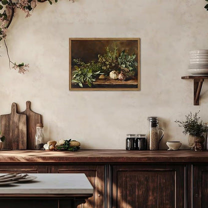 Framed Vintage Kitchen Wall Art, Rustic Garlic and Herbs Pictures Wall Decor Paintings, Farmhouse Cottagecore Canvas Prints Artwork for Home Dining Room Living Room 16x24 inch