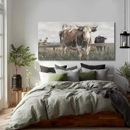 ZENPEE Black and Brown Cow Canvas Wall Art Painting – Rustic Farmhouse Vintage Animal Decor for Living Room & Bedroom, 24 x 48 Inch