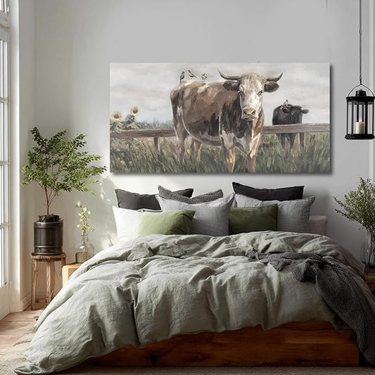 ZENPEE Black and Brown Cow Canvas Wall Art Painting – Rustic Farmhouse Vintage Animal Decor for Living Room & Bedroom, 24 x 48 Inch