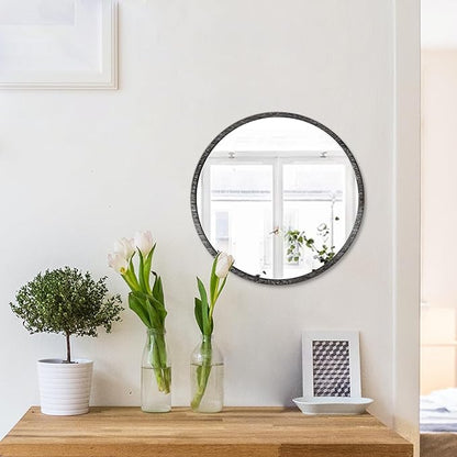 JJUUYOU Rustic Round Mirror, Hanging Wall Decorative Small Mirror Natural Wooden Farmhouse Frame with White Wash Edge for Bedroom, Bathroom or Dorm 23CM