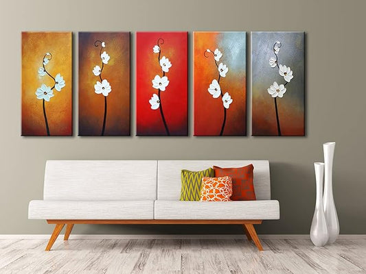 Wieco Art Colorful Flowers Oil Painting on Canvas Wall Art Ready to Hang for Living Room Bedroom Home Decoration Modern 5 Piece 100% Hand Painted Gallery Wrapped Contemporary Abstract Floral